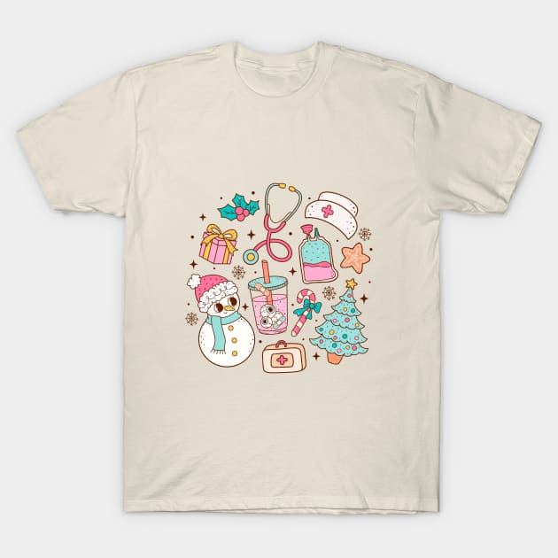 Retro Nurse Christmas Doodle T-Shirt by Nessanya